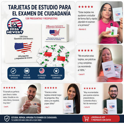 Tarjetas de Instrucción Bilingües para la Ciudadanía de EE. UU. 2026 (Español/Inglés)