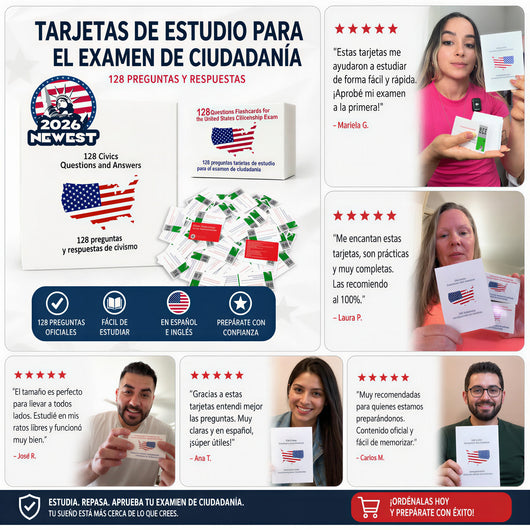 Tarjetas de Instrucción Bilingües para la Ciudadanía de EE. UU. 2026 (Español/Inglés)